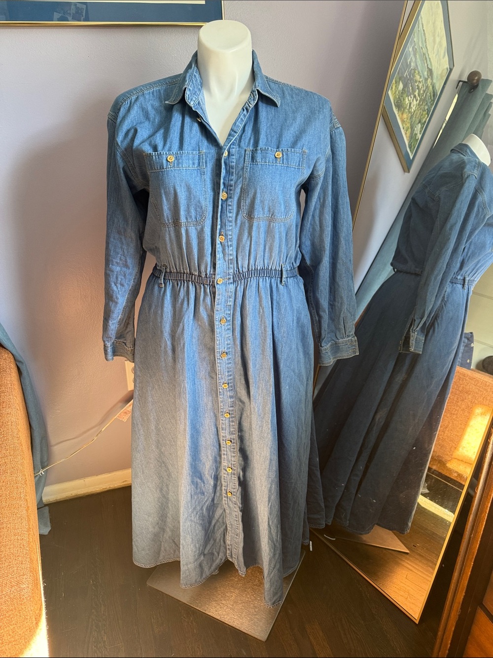 Casual Denim Button-Front Midi Dress in Light Blue
